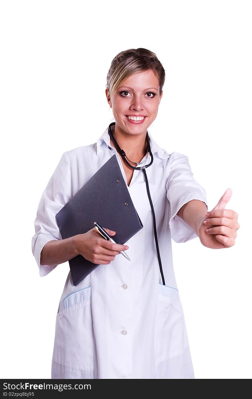 Smiling female doctor holding some folders and showing the all OK. Isolated on white. Smiling female doctor holding some folders and showing the all OK. Isolated on white.