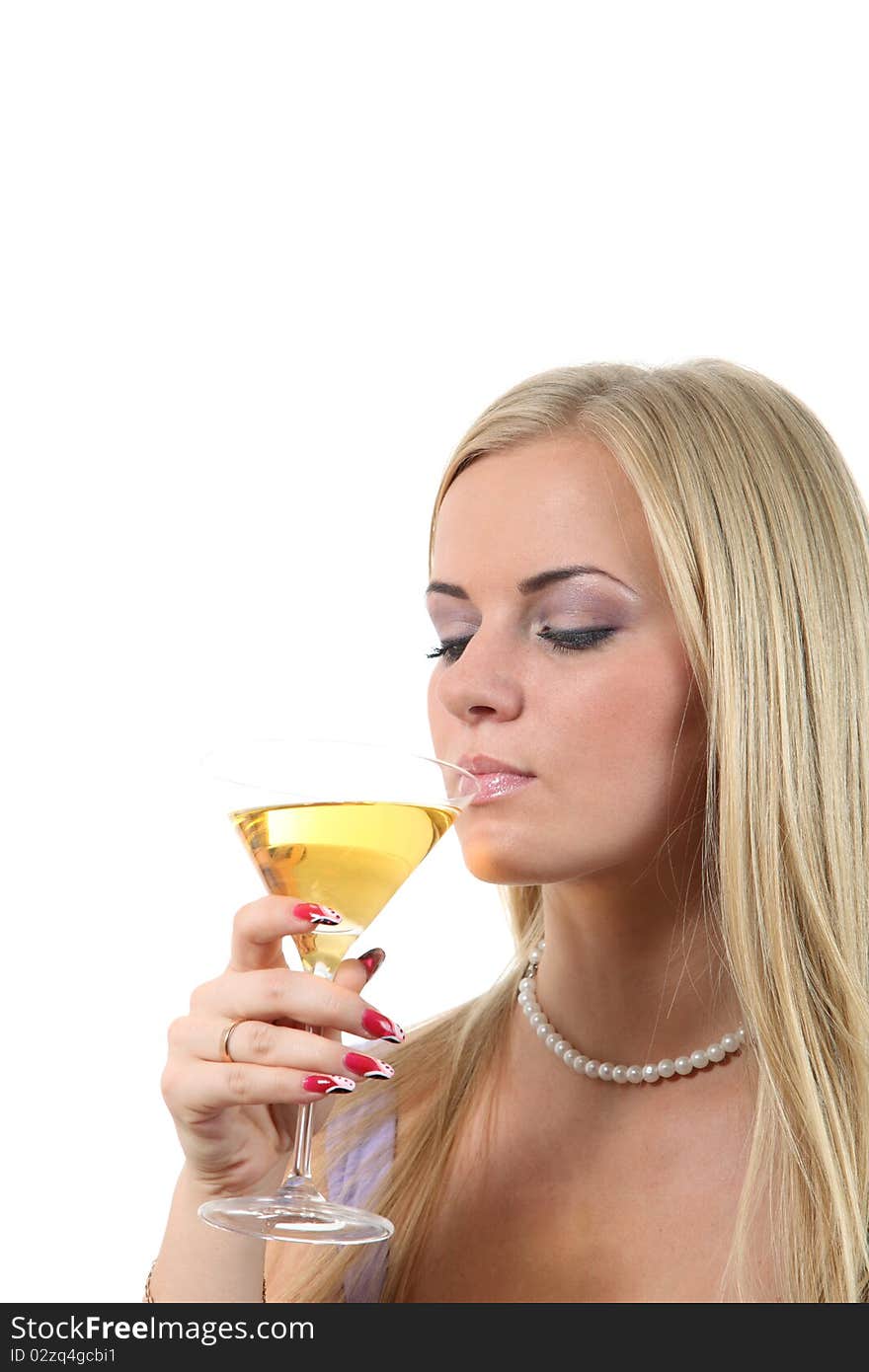 Blond in a dress drink Martini