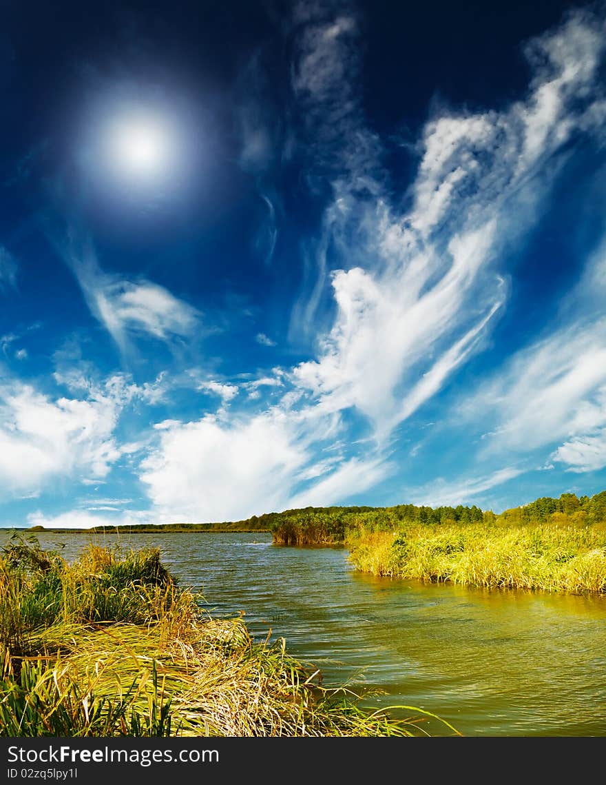 Wonderful lush bulrush  and nice lake by autumn. Wonderful lush bulrush  and nice lake by autumn.