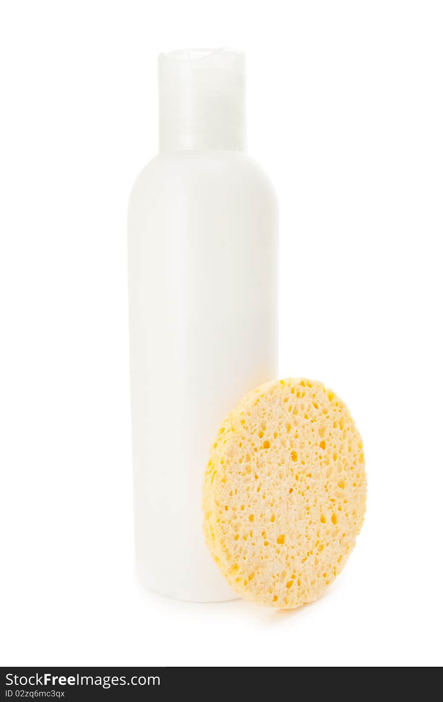 Blank bottle with sponge on white background. Blank bottle with sponge on white background