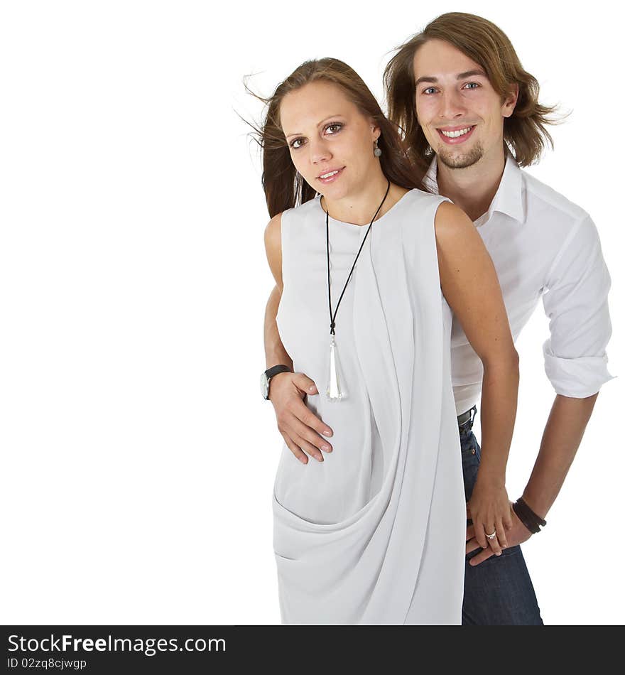 Young european cute couple with long hair isolated over white background. Young european cute couple with long hair isolated over white background.