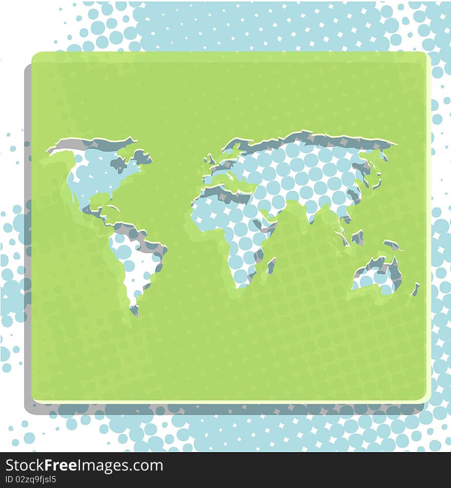 Illustration, card of the world in green rectangle on blue. Illustration, card of the world in green rectangle on blue