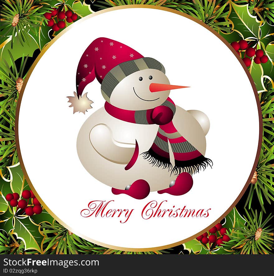 Christmas And New Year Card With Snowman