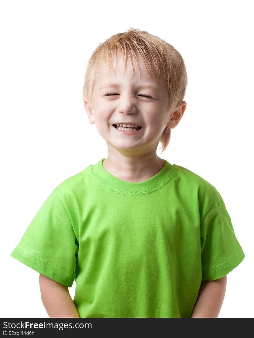 Boy smiling eyes closed, on a light background