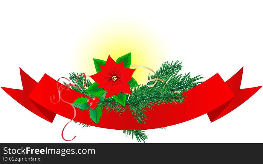 Red Christmas banner with Poinsettia, christmas berries and eve