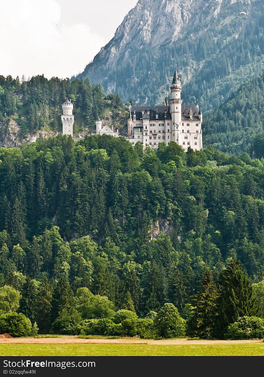 Panoramic view of Neuschwanstein Castle and hill, Germany.