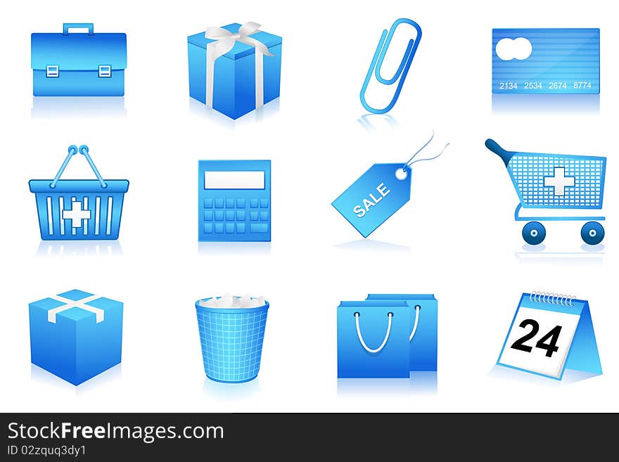 Illustration of set of shopping and office icons on isolated background