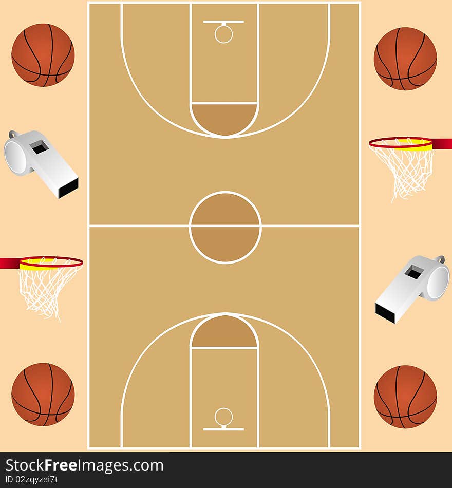 This image represents a basketball card with basketball balls, baskets, whistles and a basketball field