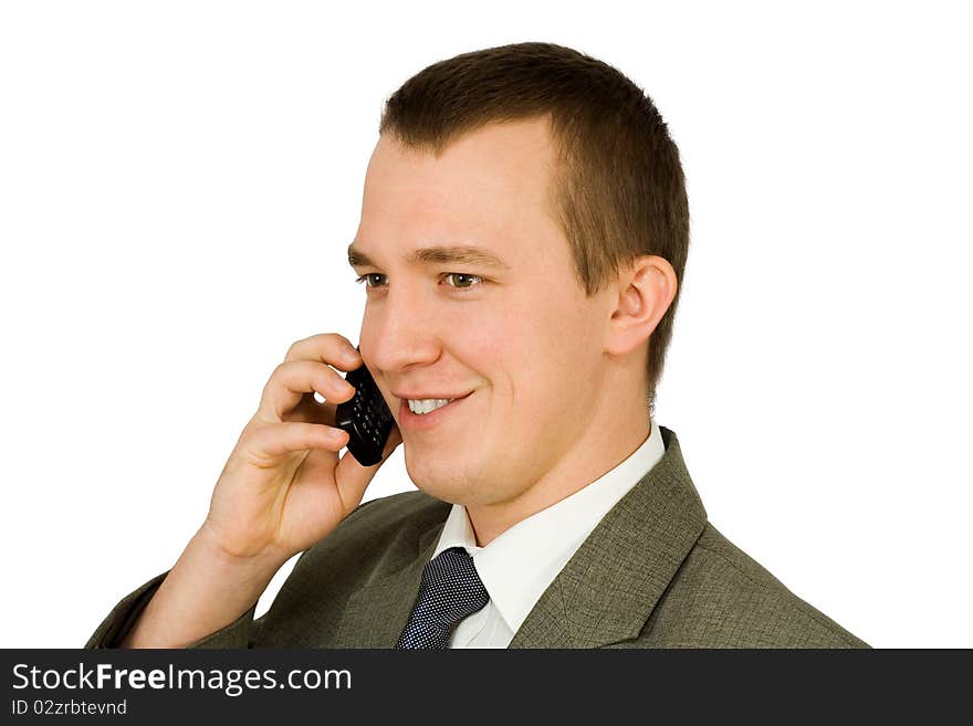 A young man with a mobile phone, on white background. A young man with a mobile phone, on white background