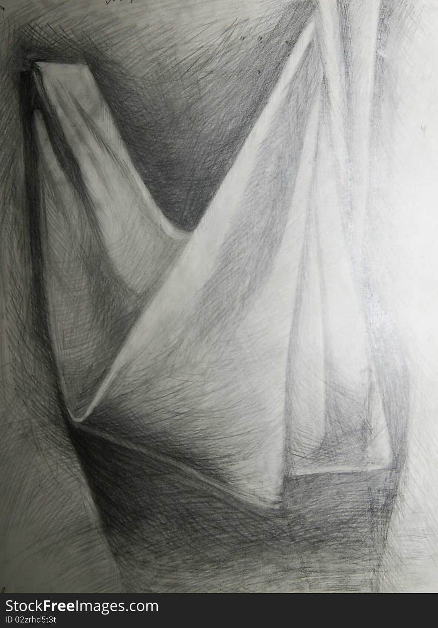 Fabric a drapery is drawn by a pencil on a white paper.Drawing studio works. Fabric a drapery is drawn by a pencil on a white paper.Drawing studio works