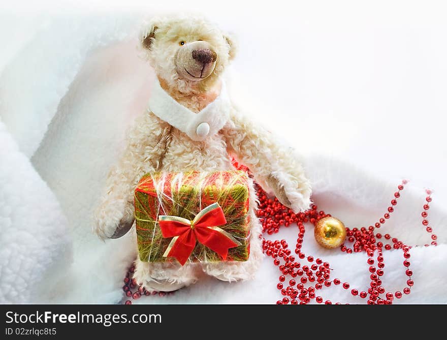 Bear with a christmas gift. Bear with a christmas gift