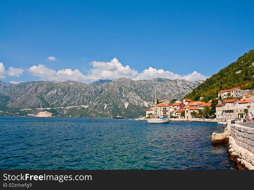 Perast, Montenegro pierce surrounded by mountains, Kotor Bay.