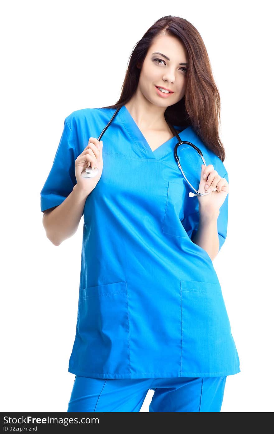 Woman doctor in uniform on white background