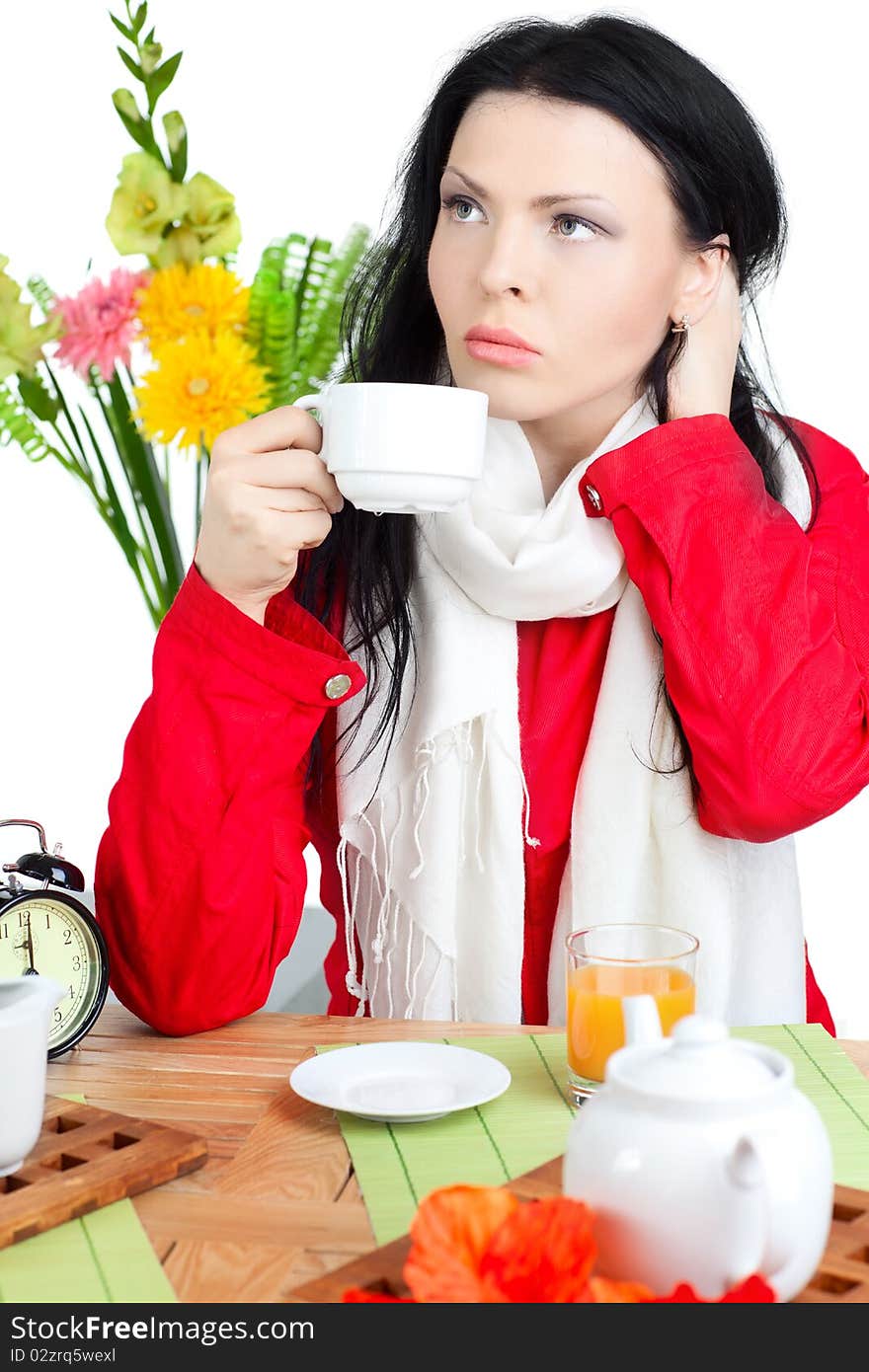 Beautiful woman in cafe over white background. Beautiful woman in cafe over white background