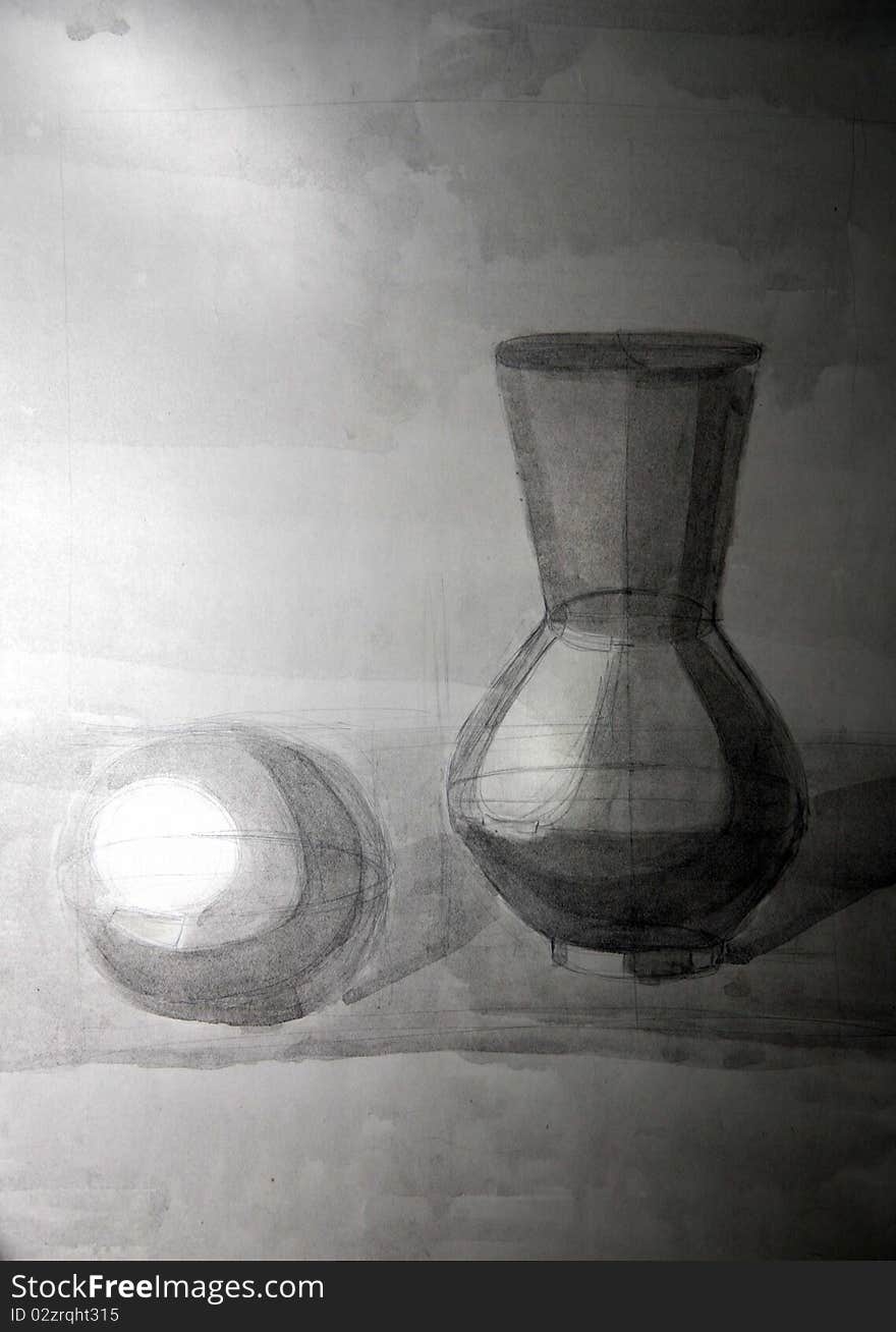 Sphere sphere and a vase is drawn by a pencil on a white paper.Drawing studio works. Sphere sphere and a vase is drawn by a pencil on a white paper.Drawing studio works