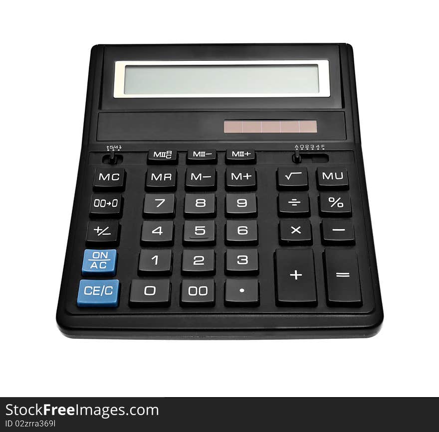 Black office calculator isolated over white backghound