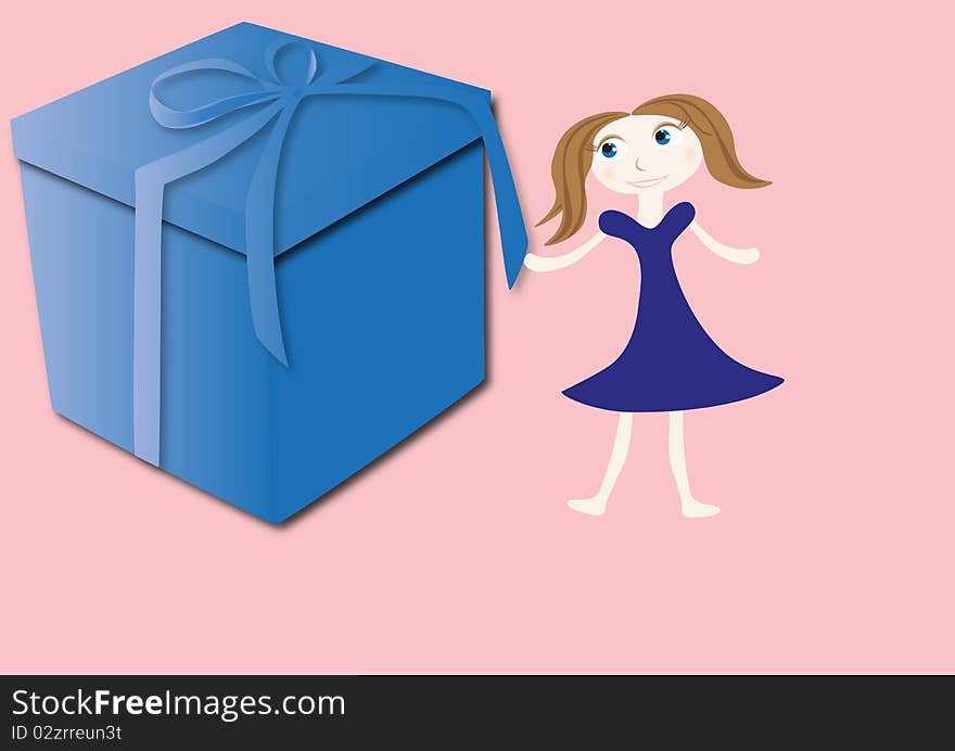 Girl with the christmas box illustration on the light pink background