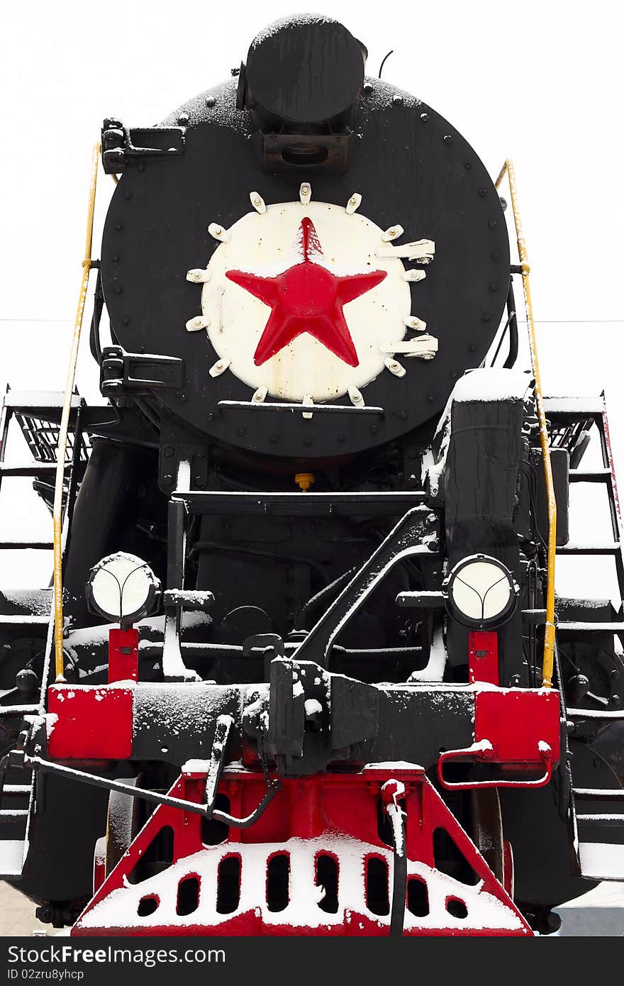 Front of the locomotive with a red star. Front of the locomotive with a red star