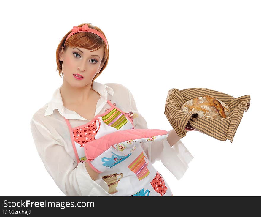 Beautiful cooking woman in apron and homemade italian chiabatta bread. isolated on white background. Beautiful cooking woman in apron and homemade italian chiabatta bread. isolated on white background