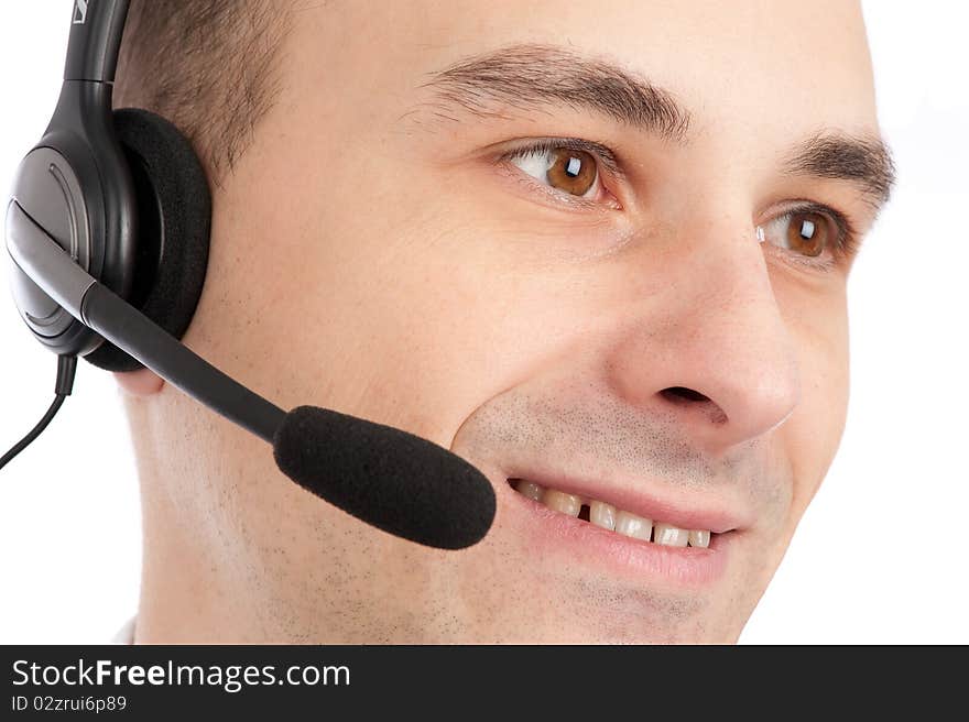 Closeup portrait of friendly telephone operator. Closeup portrait of friendly telephone operator