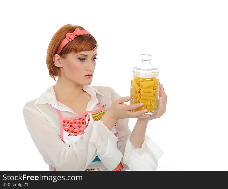 Beautiful cooking woman in apron with italian pasta. isolated on white background. Beautiful cooking woman in apron with italian pasta. isolated on white background