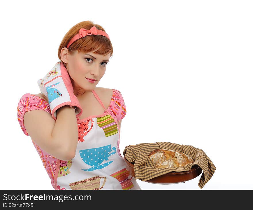 Beautiful cooking woman in apron and homemade italian chiabatta bread. isolated on white background. Beautiful cooking woman in apron and homemade italian chiabatta bread. isolated on white background