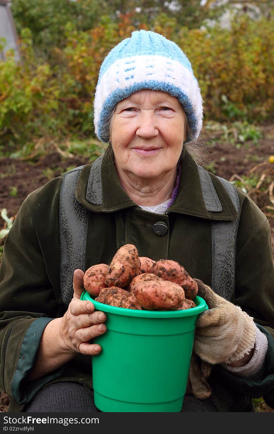 Elderly woman with a bucket of potato