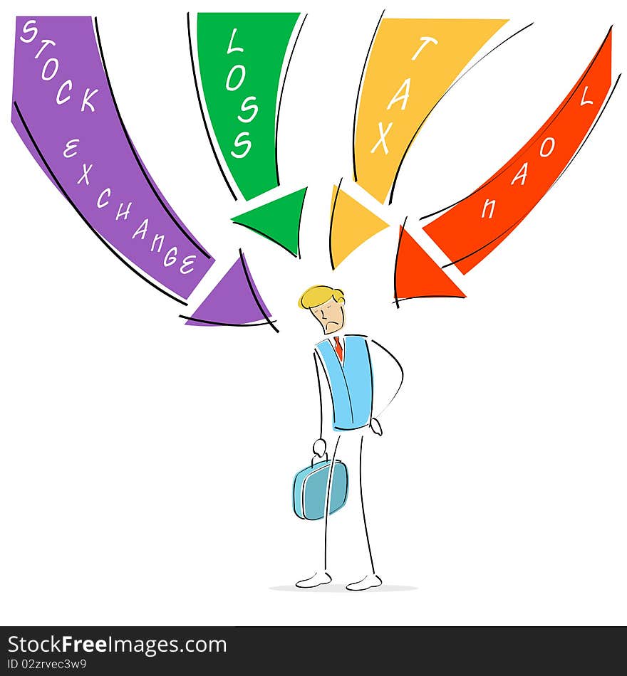 Illustration of business man depressed by losses. Illustration of business man depressed by losses