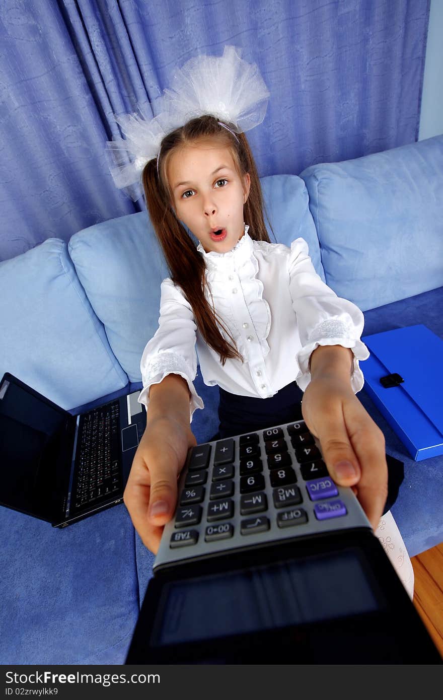 Girl With Calculator And Laptop