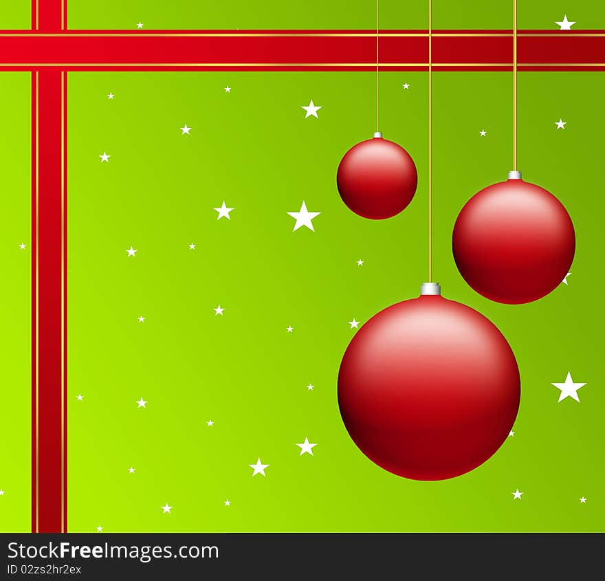 Red christmas balls on green background with stars and ribbon. Red christmas balls on green background with stars and ribbon