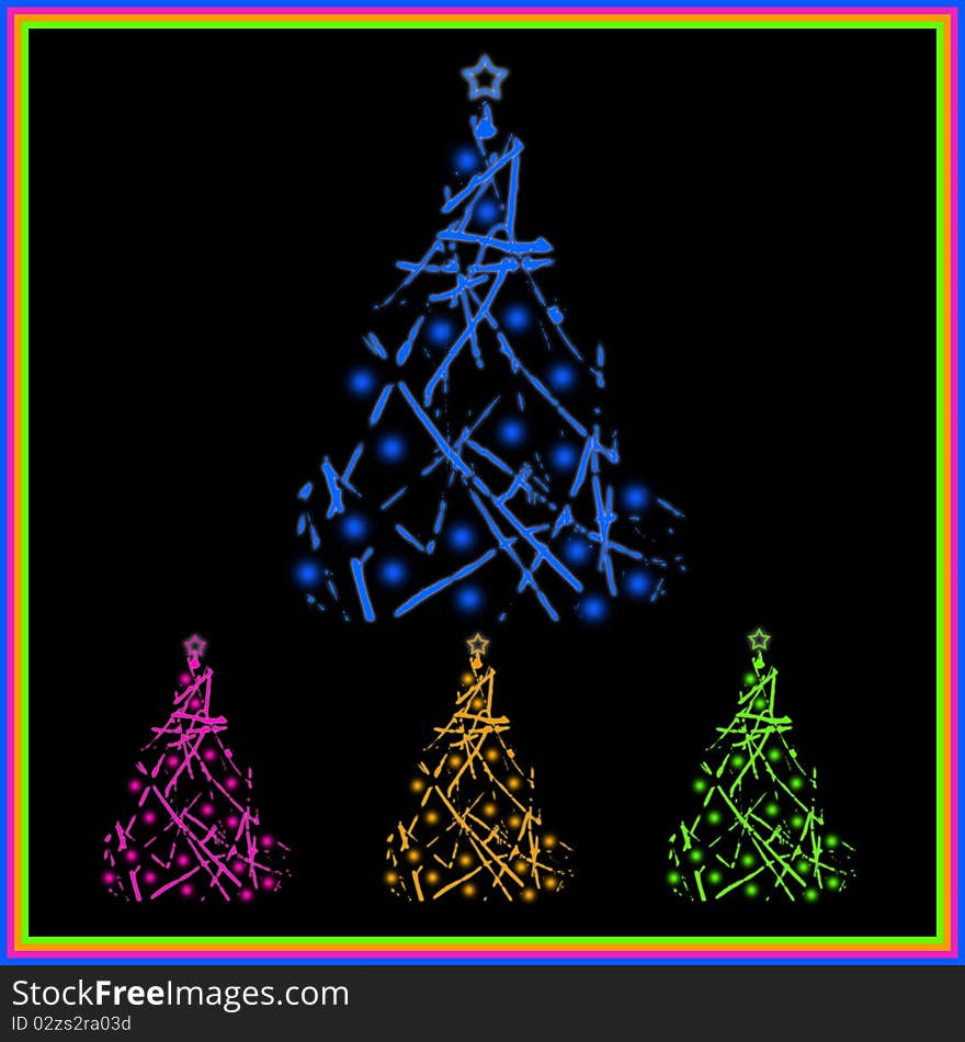 Multicolored christmas trees on a black background