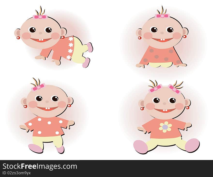 Set icons with  funny baby girls. Set icons with  funny baby girls