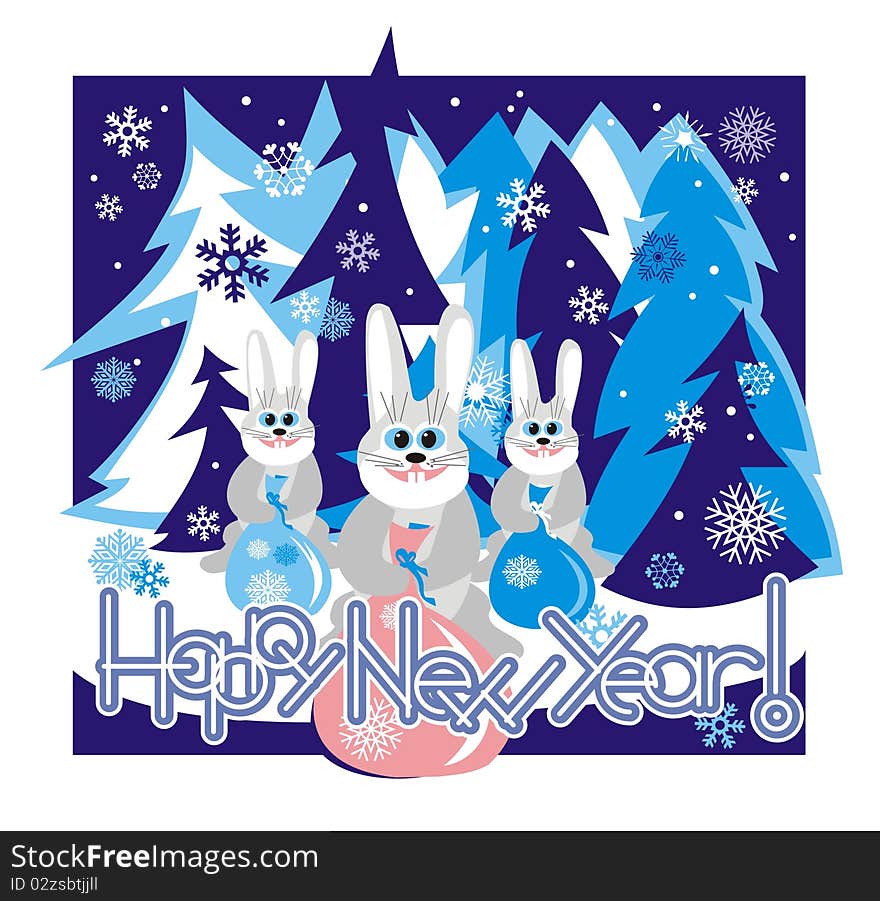 Hares in the forest holding a bag with gifts and Happy New Year. Vector illustration.