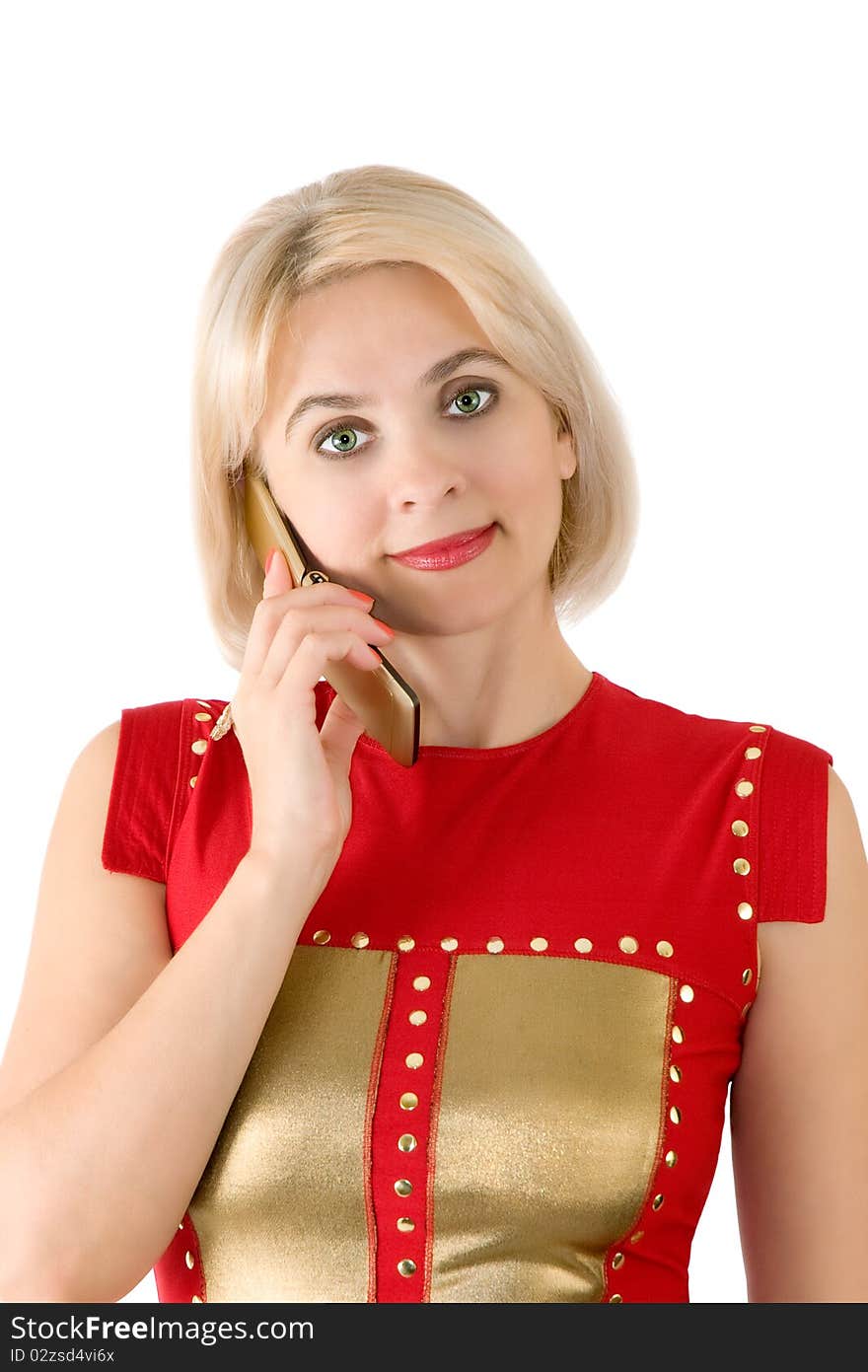 The lady in red is photographed with mobile