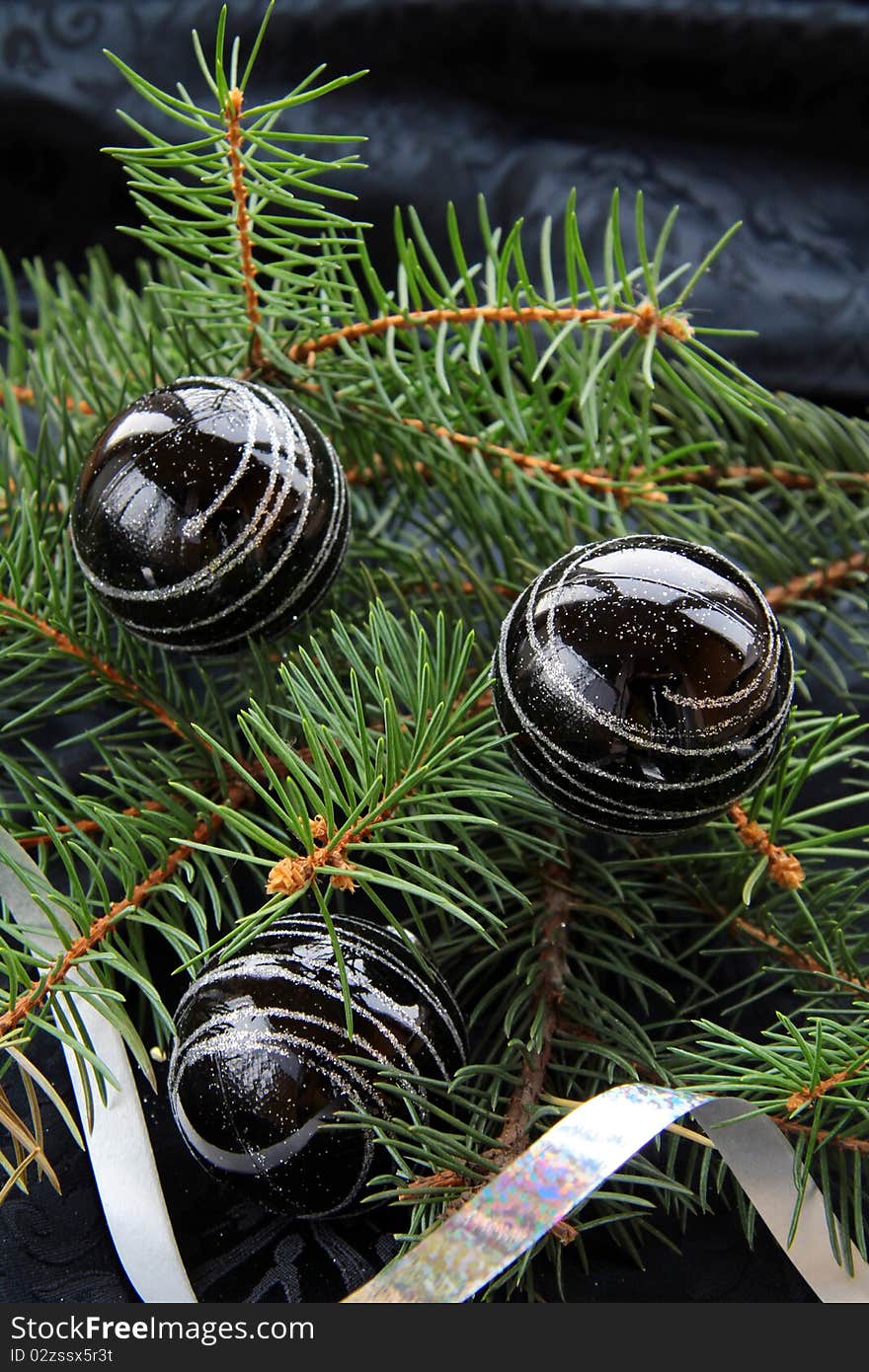 Green branches of trees with Christmas decorations. Green branches of trees with Christmas decorations