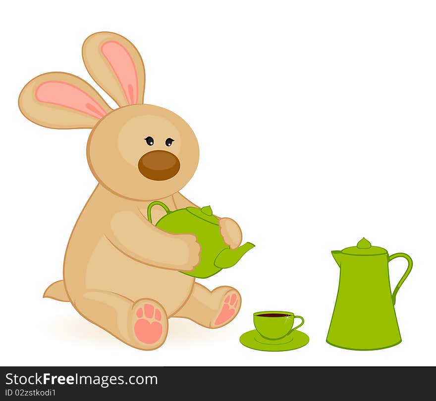 cartoon little toy bunny with beautiful cups and tea-pot. cartoon little toy bunny with beautiful cups and tea-pot