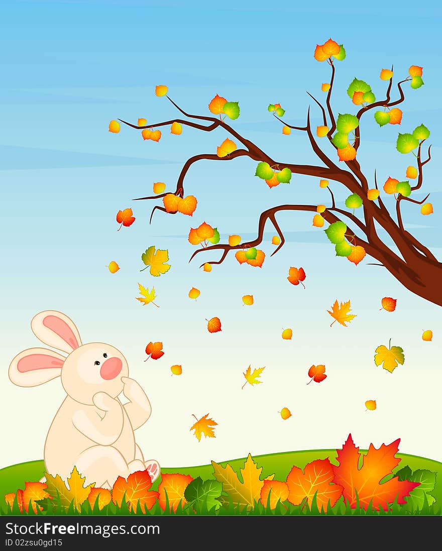 Cartoon little toy bunny with autumnal leaves