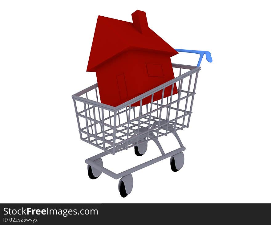 3D Illustration of a house inside a shopping cart. 3D Illustration of a house inside a shopping cart.