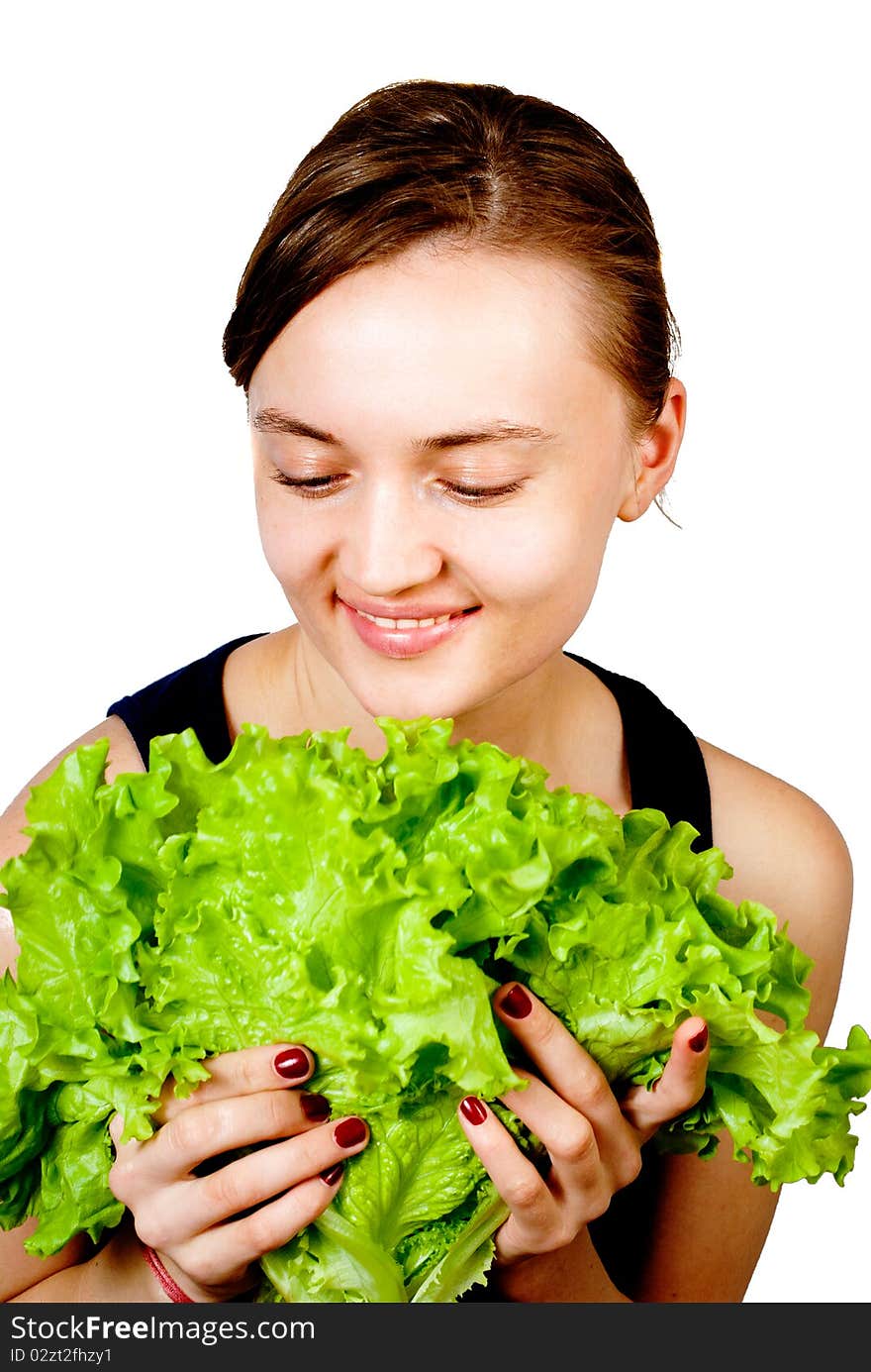 Smiling woman hold leaf lettuce