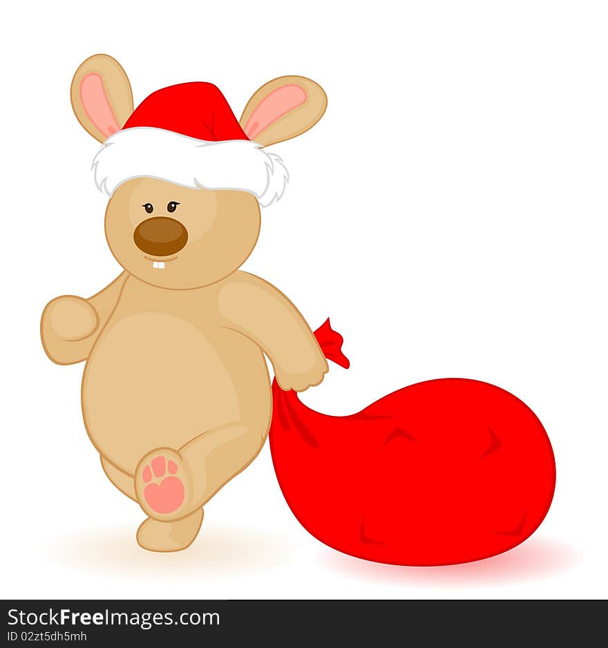 Cartoon little toy bunny in the cap of Santa Claus and sack with gifts