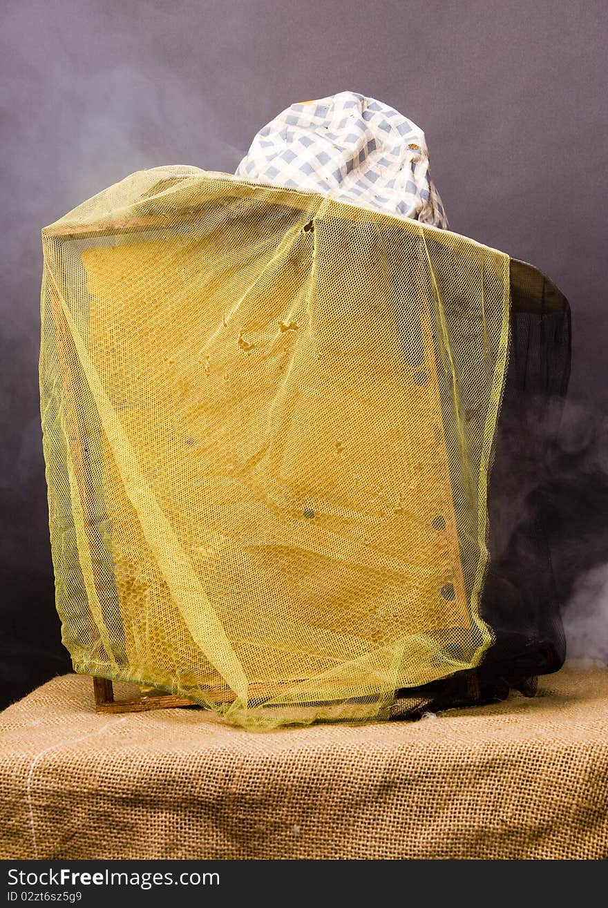 Basic attributes of every beekeeper placed on a black background in studio. Basic attributes of every beekeeper placed on a black background in studio