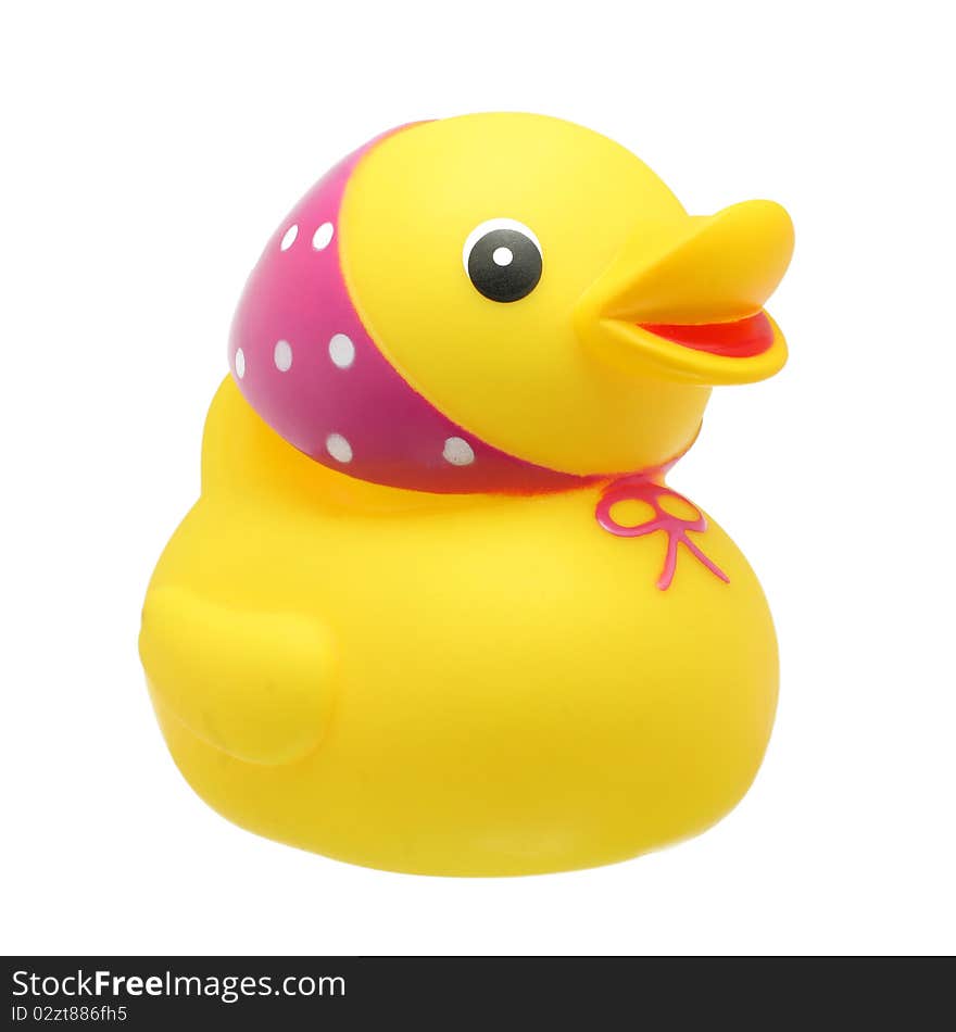 Yellow duck toy isolated on white background