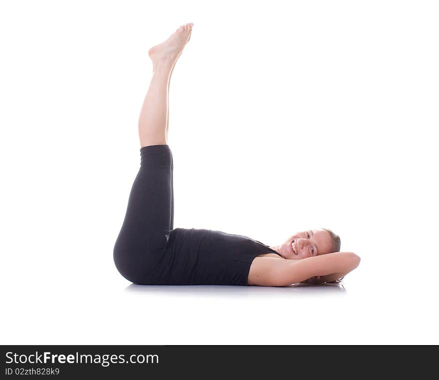 Smile gymnast girl on white background