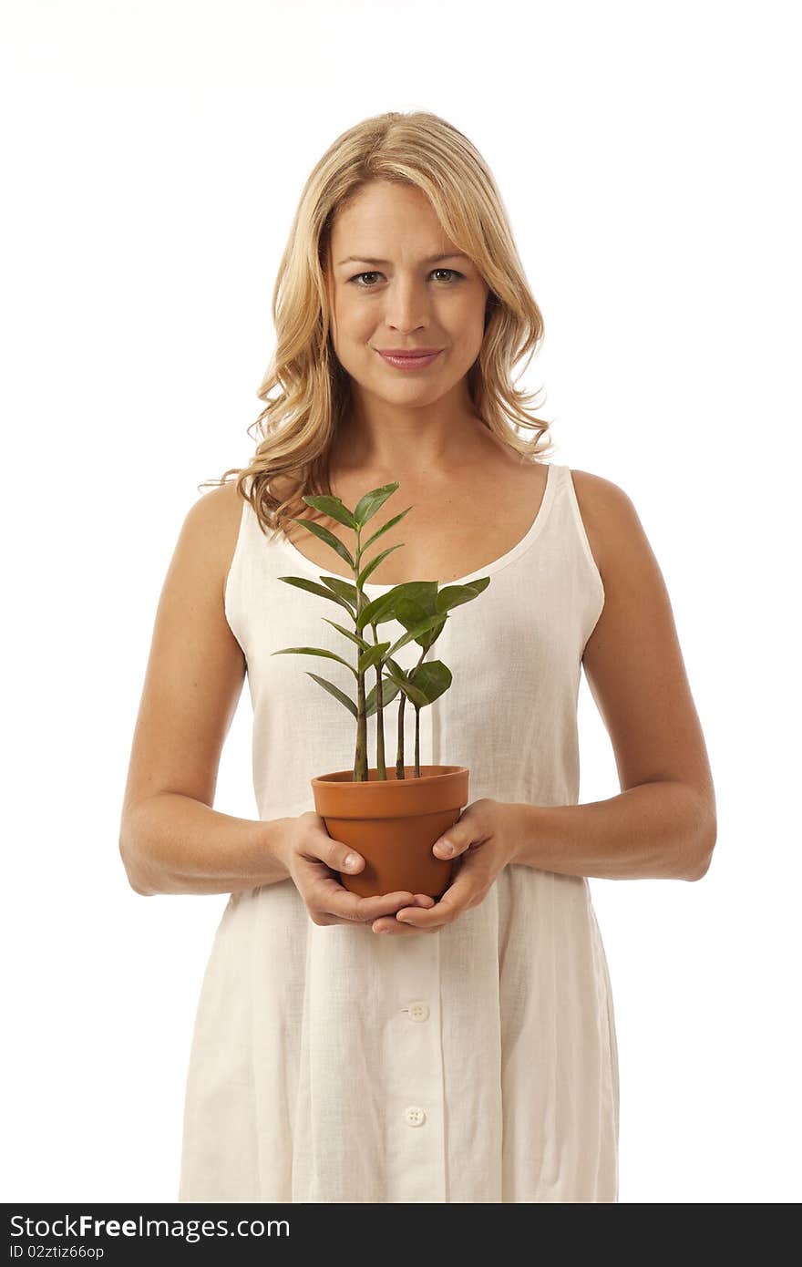 Woman standing holding potted plant. Woman standing holding potted plant