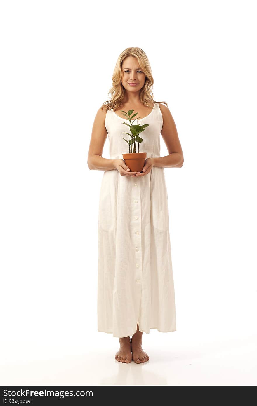 Woman standing holding potted plant. Woman standing holding potted plant