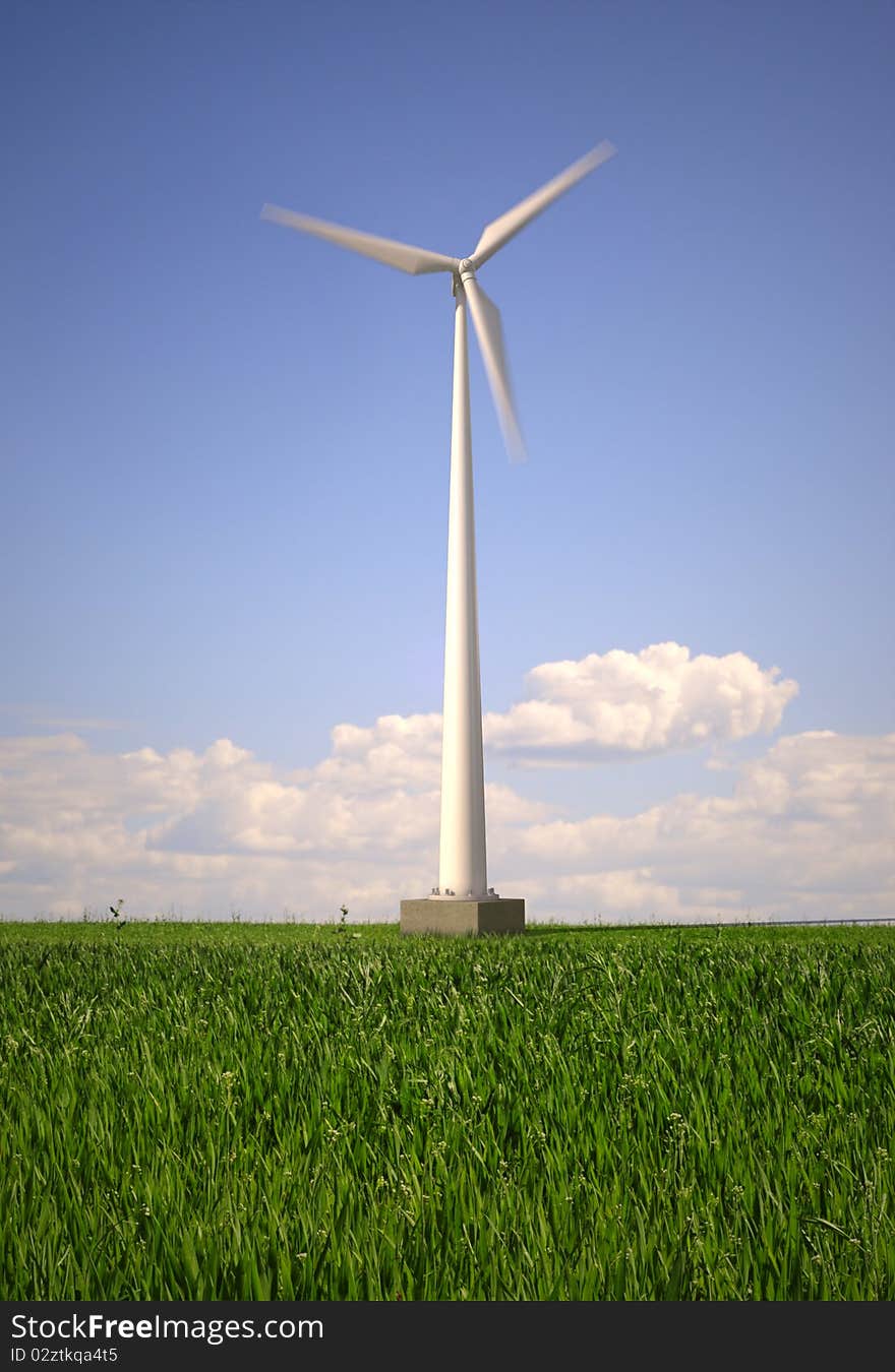 Wind power turbines on big grass field