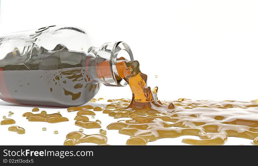 Honey bottle with honey spilled on table