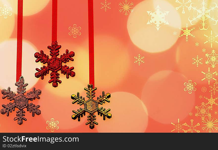 Red Holiday Background with Bokeh and Snowflakes. Red Holiday Background with Bokeh and Snowflakes