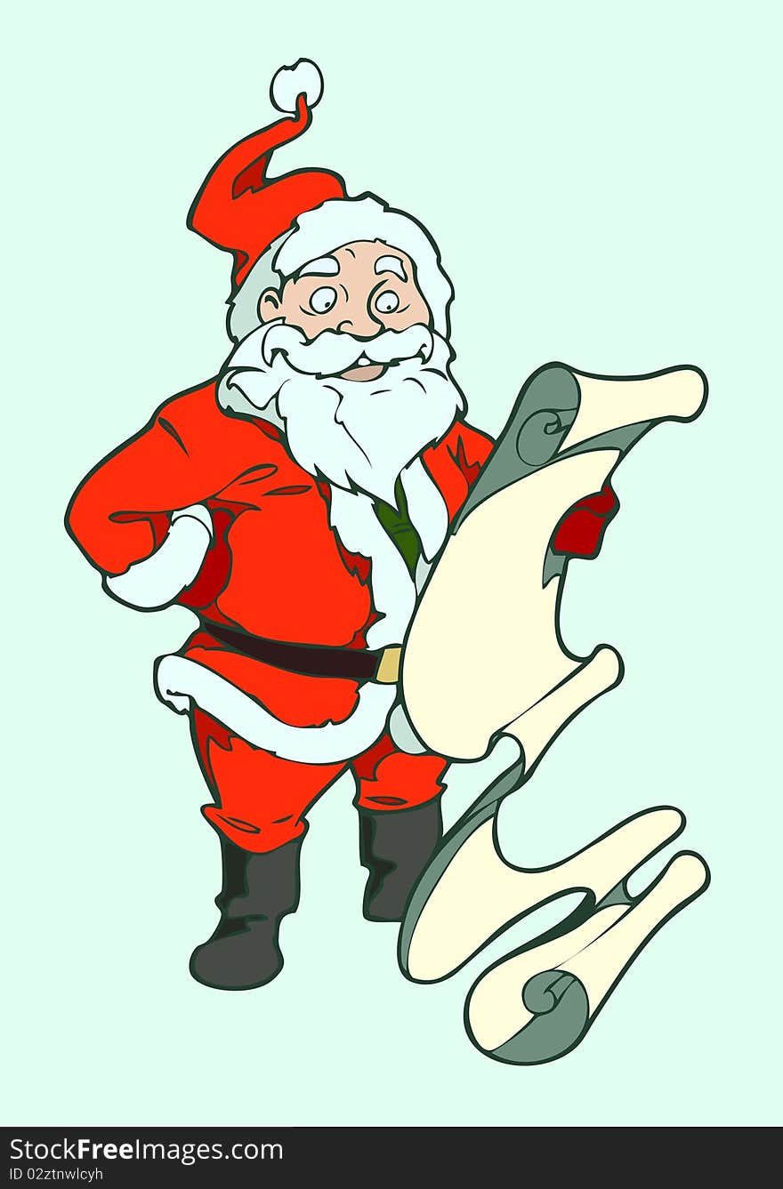 Vector christmas illustration of Santa reading the list of gifts