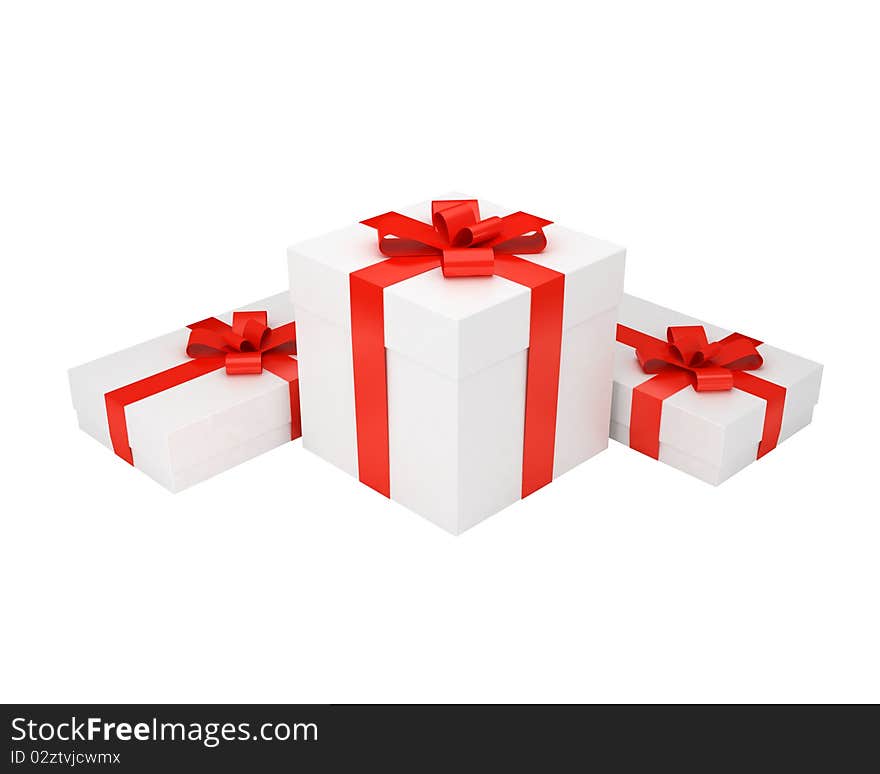 Three white gift boxes with red ribbons. Three white gift boxes with red ribbons